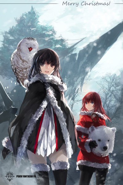 Anime picture 945x1417 with original pixiv fantasia pixiv fantasia fallen kings paradise (character) swd3e2 long hair tall image open mouth blue eyes smile brown hair standing multiple girls brown eyes eyes closed fur trim snowing christmas winter merry christmas