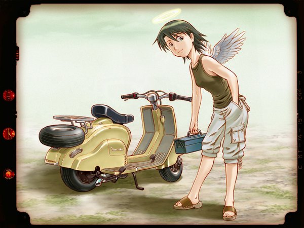 Anime picture 1024x768 with haibane renmei kana (haibane) wallpaper girl wings halo scooter vespa r kampfgruppe