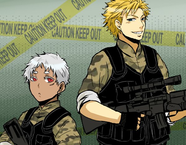 Anime picture 1000x784 with jormungand white fox johnathan mar lutz short hair blonde hair smile white hair boy uniform weapon gun military uniform