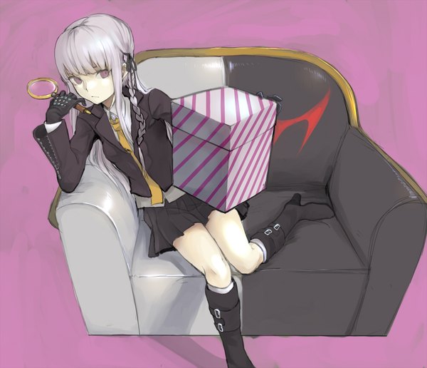 Anime picture 1000x860 with dangan ronpa kirigiri kyouko monokuma nuda single long hair fringe simple background sitting purple eyes looking away silver hair bent knee (knees) blunt bangs braid (braids) pleated skirt shadow single braid pink background girl