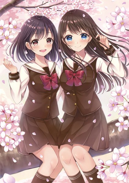 Anime picture 2117x3000 with original eshi 100-nin ten sakura hiyori long hair tall image looking at viewer blush fringe highres short hair open mouth blue eyes smile brown hair sitting multiple girls brown eyes pleated skirt fingernails scan