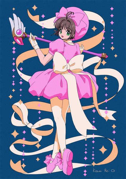 Anime picture 2039x2894 with card captor sakura clamp kinomoto sakura kisumi rei single tall image looking at viewer highres short hair open mouth brown hair green eyes signed full body ahoge :d looking back from behind puffy sleeves magical girl
