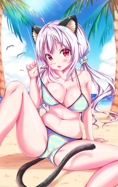 Anime picture 3031x4781 with original tenzeru single long hair tall image looking at viewer blush fringe highres breasts open mouth light erotic hair between eyes red eyes large breasts sitting twintails bare shoulders animal ears absurdres