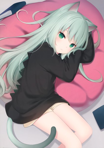 Anime picture 2489x3536 with original nachi single long hair tall image looking at viewer blush fringe highres green eyes animal ears tail lying animal tail green hair from above cat ears scan cat girl cat tail