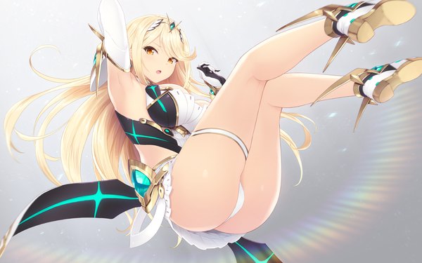Anime picture 1920x1200 with xenoblade xenoblade 2 mythra (xenoblade) cait single long hair looking at viewer blush fringe highres breasts open mouth light erotic simple background blonde hair large breasts yellow eyes payot cleavage full body