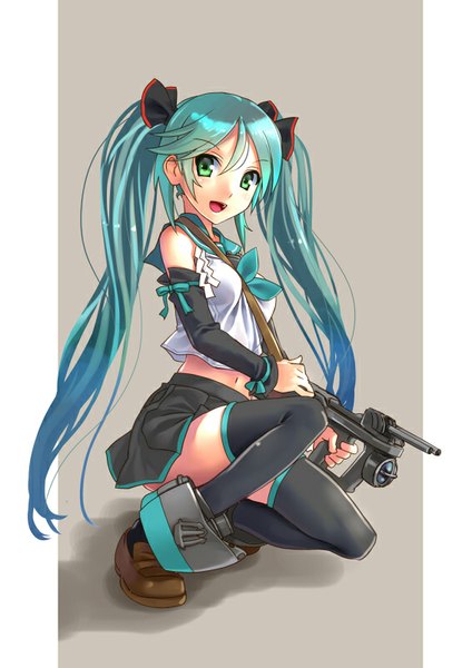 Anime picture 566x800 with vocaloid hatsune miku katahira masashi single long hair tall image looking at viewer open mouth simple background twintails green eyes aqua hair squat girl thighhighs skirt weapon detached sleeves miniskirt shoes