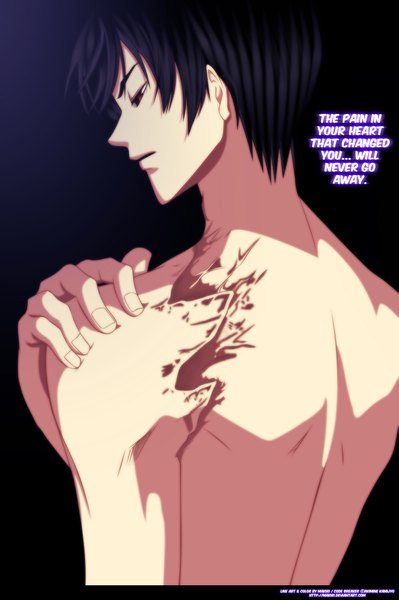 Anime picture 1463x2200 with code: breaker kinema citrus ogami rei single tall image short hair black hair red eyes looking back inscription back dark background scar boy