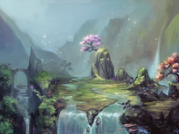 Anime picture 1280x960 with ninjatic single signed mountain landscape river waterfall ambiguous gender flower (flowers) plant (plants) animal petals tree (trees) water bird (birds) staff stone (stones)
