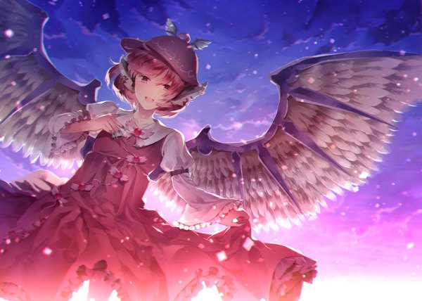 Anime picture 1680x1200 with touhou mystia lorelei sunakumo single looking at viewer short hair open mouth animal ears pink hair sky cloud (clouds) :d pink eyes piercing hand on chest ear piercing girl dress hat wings