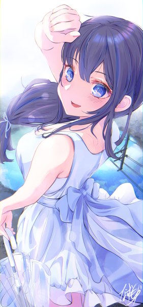 Anime picture 1816x3872 with original nazmocha single long hair tall image fringe highres open mouth blue eyes black hair hair between eyes looking away :d arm up from above sleeveless low ponytail closed umbrella girl dress