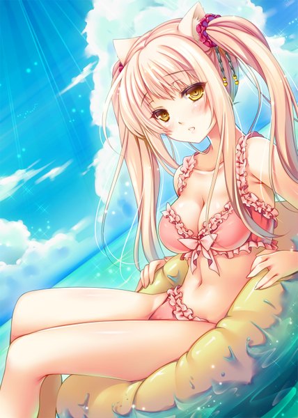 Anime picture 1061x1488 with original shino (cocoa) cocoa (cafe-hotcocoa) single long hair tall image looking at viewer blush breasts light erotic blonde hair sitting twintails animal ears yellow eyes sky cloud (clouds) sunlight cat ears girl