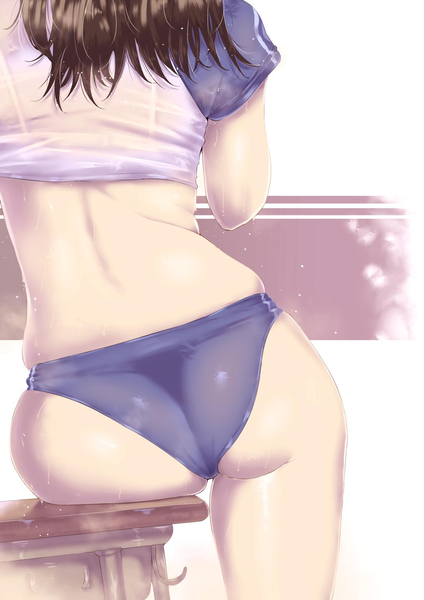 Anime picture 1042x1473 with original wakura (gcdan) single long hair tall image light erotic simple background brown hair white background ass from behind short sleeves sweat shiny skin back skindentation wet clothes head out of frame pov ass girl