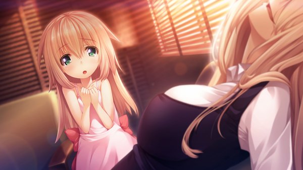 Anime picture 1280x720 with gleam garden no shoujo kusunoki yuma char long hair blush open mouth blonde hair smile wide image multiple girls green eyes game cg loli girl dress bow 2 girls sundress