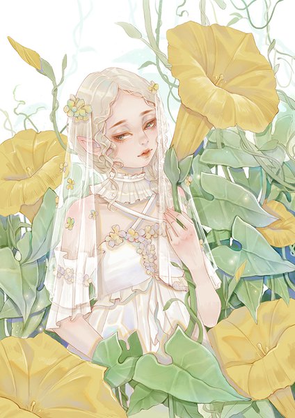 Anime picture 661x935 with original lin qi single long hair tall image blue eyes blonde hair looking away lips pointy ears girl dress flower (flowers) white dress veil morning glory