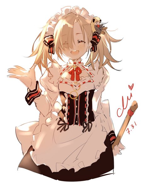 Anime picture 937x1200 with girls frontline hk21 (girls frontline) xiao chichi single tall image blush fringe short hair open mouth blonde hair simple background smile white background twintails holding signed eyes closed hair over one eye official art maid