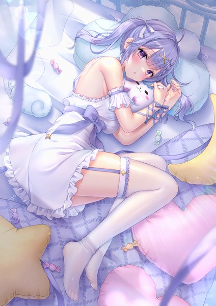 Anime picture 2122x3000 with virtual youtuber indie virtual youtuber yunico (vtuber) yuyuko (yuyucocco) single long hair tall image looking at viewer blush fringe highres purple eyes twintails payot purple hair full body ahoge bent knee (knees) indoors lying