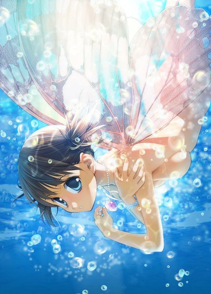 Anime picture 800x1113 with original tenhiro naoto single tall image short hair blue eyes light erotic brown hair twintails sunlight short twintails underwater insect wings girl wings water bracelet necklace bubble (bubbles)