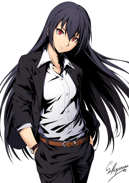Anime picture 800x1131 with kantai collection nagato battleship sakiyamama single long hair tall image looking at viewer fringe breasts black hair simple background hair between eyes red eyes standing white background signed head tilt alternate costume floating hair open collar