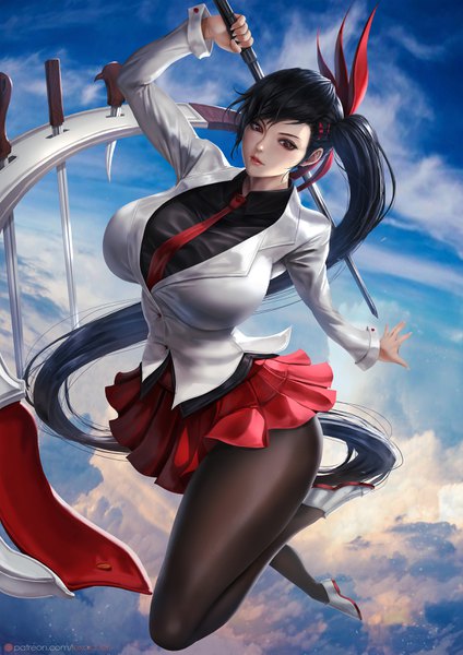 Anime picture 2400x3395 with tower of god ha yuri zahard lexaiduer single tall image looking at viewer blush fringe highres breasts light erotic black hair red eyes holding sky cloud (clouds) full body bent knee (knees) outdoors long sleeves