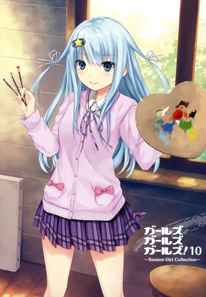 Anime picture 2502x3600 with girls, girls, girls! 10 (artbook) coffee-kizoku single long hair tall image looking at viewer blush fringe highres blue eyes smile holding blue hair long sleeves scan official art two side up girl uniform hair ornament