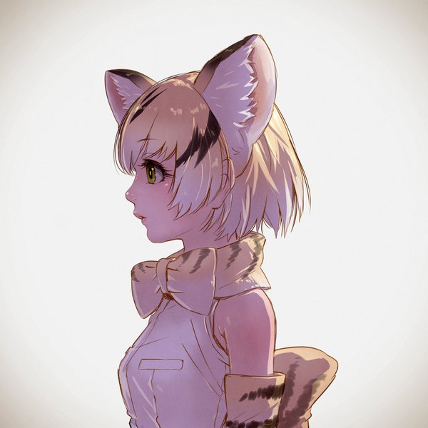 イラスト 1920x1920 と けものフレンズ スナネコ たかみ まさひろ ソロ 赤面 前髪 highres 短い髪 simple background 金髪 hair between eyes 茶目 獣耳 looking away upper body プロフィール multicolored hair two-tone hair streaked hair 女の子