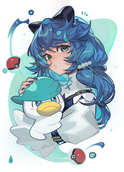 Anime picture 4235x5852 with pokemon nintendo quaxly mato-c single long hair tall image looking at viewer fringe highres blue eyes hair between eyes blue hair absurdres upper body nail polish parted lips puffy sleeves blue nail polish personification