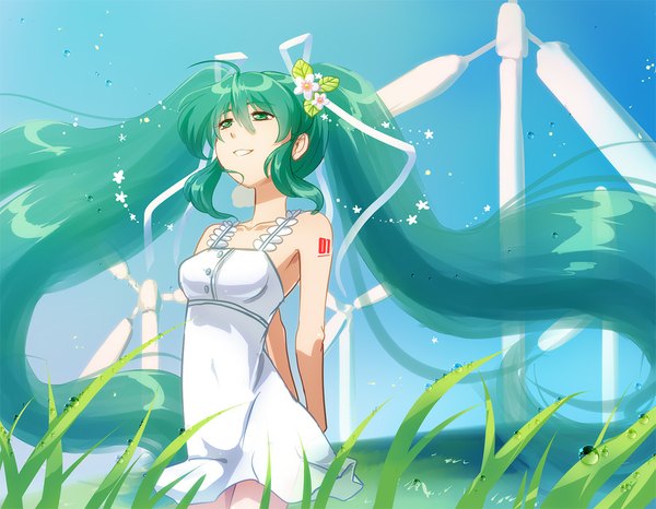 Anime picture 900x700 with vocaloid hatsune miku galibo single smile standing twintails green eyes sky very long hair hair flower wind aqua hair sleeveless happy hands behind back summer girl dress hair ornament