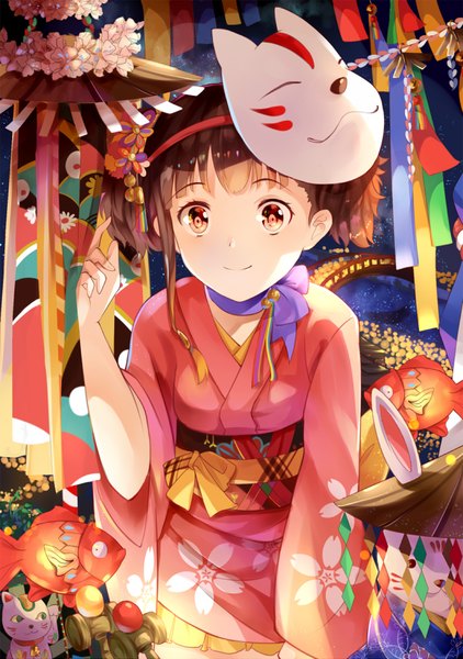Anime picture 611x868 with koutetsujou no kabaneri wit studio mumei (kabaneri) amicis (amisic) single tall image looking at viewer fringe short hair smile red eyes brown hair standing twintails holding outdoors long sleeves traditional clothes japanese clothes blurry