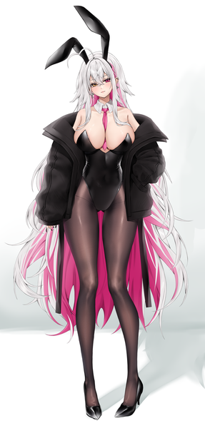 Anime picture 3349x7000 with original vivi (vitaminechan) vitaminechan single tall image looking at viewer blush fringe highres breasts light erotic simple background large breasts standing white background animal ears yellow eyes pink hair absurdres full body
