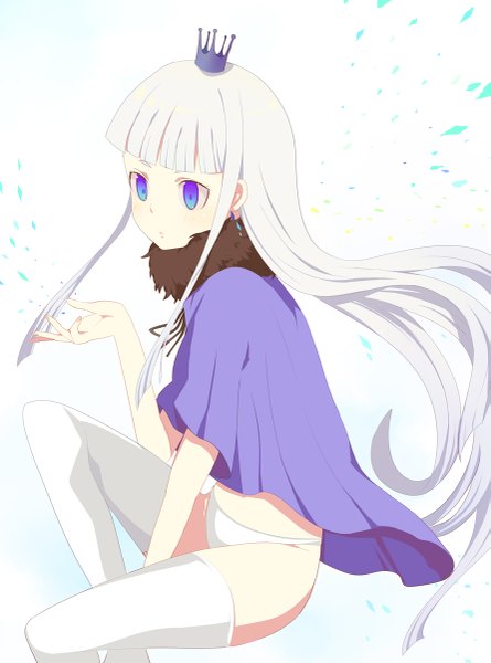 Anime picture 891x1200 with original harano single long hair tall image blue eyes light erotic white hair girl thighhighs underwear panties white thighhighs cape crown