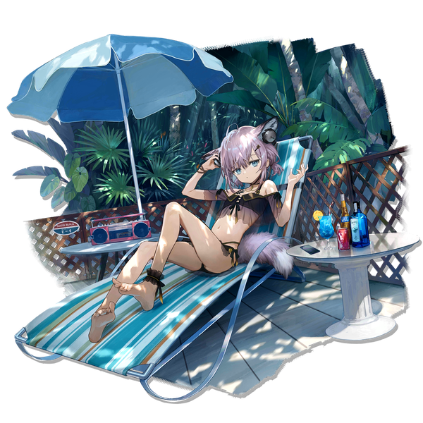 Anime picture 2048x2048 with arknights sussurro (arknights) sussurro (summer flowers) (arknights) sho (sho lwlw) single looking at viewer fringe highres short hair blue eyes hair between eyes twintails animal ears purple hair full body ahoge outdoors tail animal tail barefoot