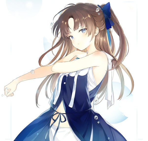 Anime picture 1000x956 with original lpip single long hair looking at viewer blush fringe blue eyes simple background brown hair standing white background ponytail outstretched arm girl dress bow hair bow