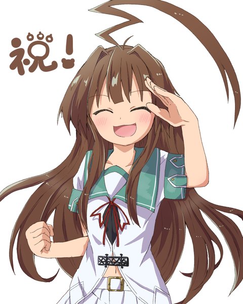 Anime picture 1024x1280 with kantai collection kuma light cruiser jetracer single long hair tall image blush simple background brown hair white background ahoge eyes closed ^ ^ ^o^ salute remodel (kantai collection) girl uniform serafuku fist