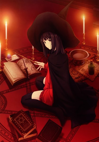 Anime picture 2448x3500 with caucasus nanatsuki venio sugina miki single tall image highres short hair brown hair sitting brown eyes magic witch girl thighhighs dress weapon black thighhighs book (books) witch hat bottle