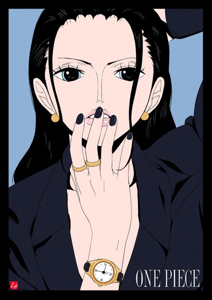 Anime picture 1448x2048 with one piece toei animation nico robin chris re5 single long hair tall image looking at viewer blue eyes black hair simple background signed payot upper body nail polish parted lips arm up fingernails lips copyright name