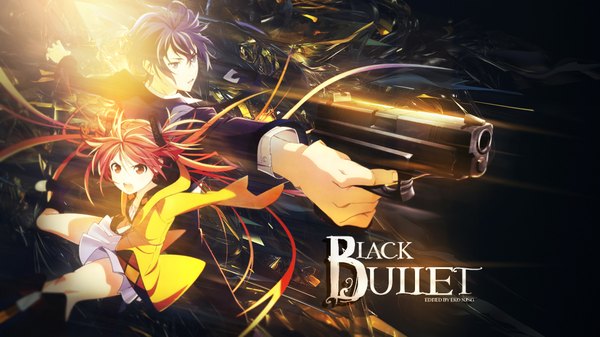 Anime picture 1920x1080 with black bullet kinema citrus aihara enju satomi rentarou redeye27 highres short hair open mouth black hair red eyes wide image twintails looking away red hair very long hair black eyes wallpaper copyright name spread arms back to back