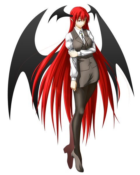 Anime picture 1600x2000 with touhou koakuma niwatazumi single long hair tall image simple background red eyes white background full body red hair head wings holding arm girl skirt miniskirt shirt pantyhose wings vest
