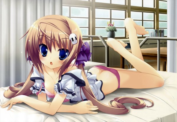 Anime picture 5020x3475 with koiiro soramoyou (game) shinohara sera lucie long hair highres light erotic lying open clothes open shirt crossed legs undressing underwear panties bow hair bow
