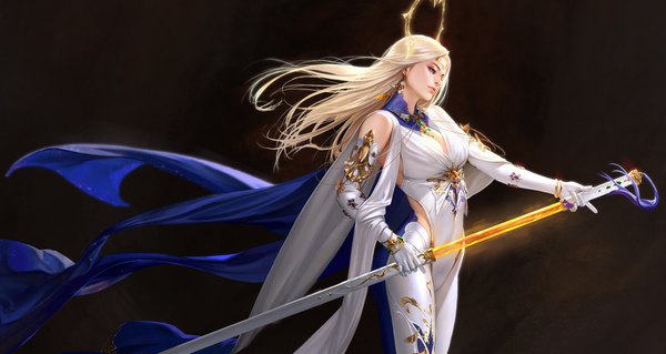 Anime picture 1920x1023 with original taekwon kim single long hair highres blue eyes blonde hair wide image full body profile wind realistic looking down dark background unsheathing girl gloves weapon earrings sword