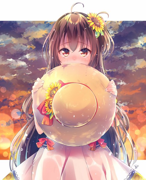 Anime picture 809x1000 with original nemuri nemu single long hair tall image looking at viewer blush fringe hair between eyes brown hair standing holding brown eyes sky cloud (clouds) ahoge multicolored hair hair flower wet one side up