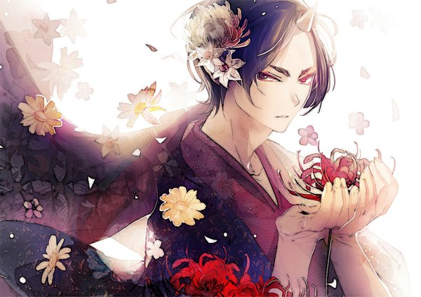 Anime picture 800x566 with hoozuki no reitetsu wit studio hoozuki (hoozuki no reitetsu) ihiro single looking at viewer short hair black hair red eyes white background traditional clothes japanese clothes hair flower horn (horns) wind pointy ears oni horns demon boy hair ornament