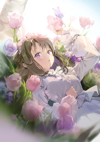 Anime picture 2480x3508 with original anmi single long hair tall image looking at viewer blush fringe highres breasts open mouth hair between eyes brown hair purple eyes holding lying long sleeves arm up hair flower blurry