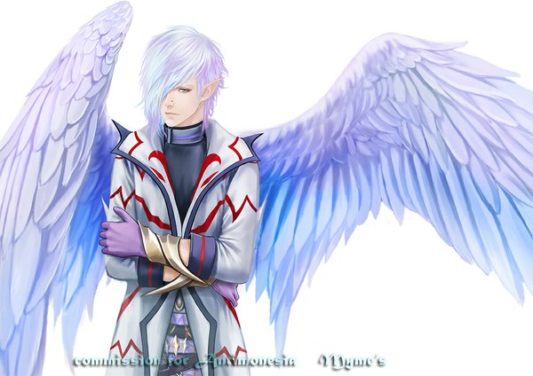 Anime picture 1018x720 with original myme1 single fringe short hair simple background white background green eyes signed blue hair purple hair multicolored hair pointy ears hair over one eye two-tone hair angel boy gloves wings