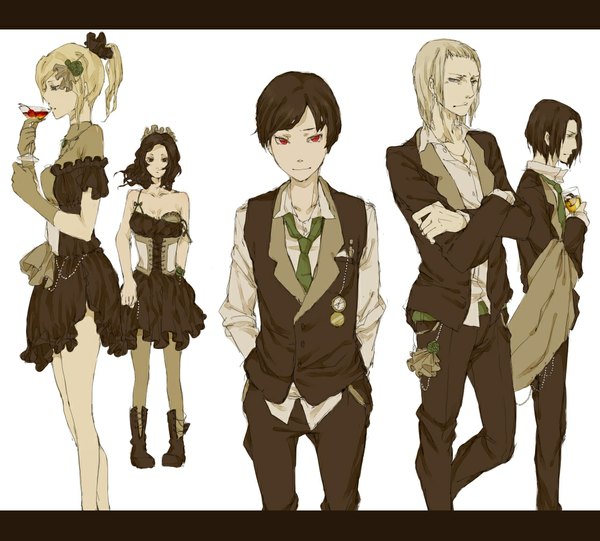 Anime picture 1117x1009 with harry potter severus snape tom marvolo riddle lucius malfoy narcissa malfoy bellatrix lestrange long hair short hair black hair simple background blonde hair red eyes white background bare shoulders multiple girls black eyes multiple boys crossed arms open collar hands in pockets