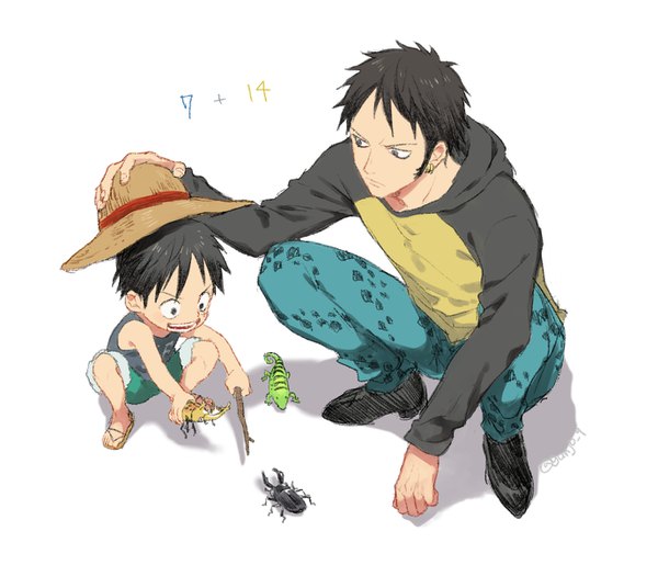 Anime picture 1378x1184 with one piece toei animation monkey d. luffy trafalgar law tsuyu (gunjooo9) short hair black hair simple background white background looking away full body multiple boys shadow piercing ear piercing squat hat removed headwear removed time paradox boy