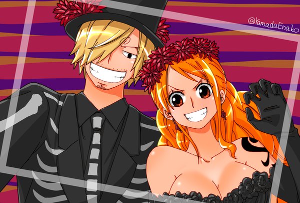 Anime-Bild 2039x1378 mit one piece toei animation nami (one piece) sanji yamadaenako long hair looking at viewer fringe highres short hair breasts simple background blonde hair smile large breasts bare shoulders brown eyes signed cleavage upper body