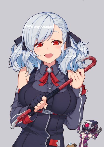 Anime picture 1500x2121 with girls frontline half-life dinergate (girls frontline) spas-12 (girls frontline) ripper (girls frontline) headcrab terras tall image looking at viewer short hair breasts open mouth simple background smile red eyes large breasts multiple girls holding silver hair purple hair