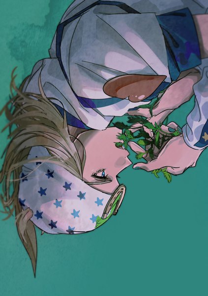 Anime picture 1000x1419 with jojo no kimyou na bouken steel ball run johnny joestar doran7280 single tall image short hair blue eyes blonde hair simple background looking away profile upside down star print aqua background boy plant (plants) star (symbol) cap horseshoe