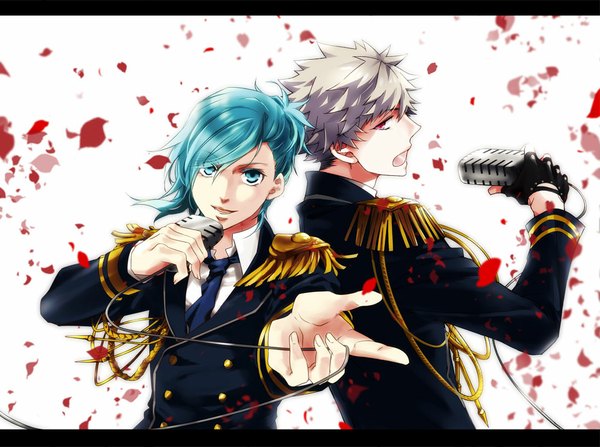 Anime picture 992x740 with uta no prince-sama a-1 pictures mikaze ai kurosaki ranmaru looking at viewer fringe short hair blue eyes smile white background holding blue hair fingernails lips grey hair multiple boys singing boy gloves shirt