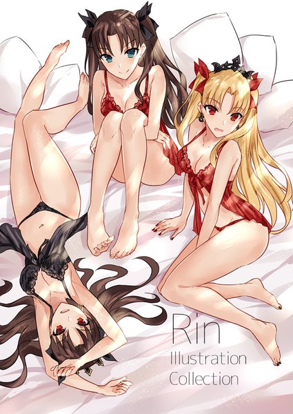 Anime picture 645x911 with fate (series) fate/grand order fate/stay night toosaka rin ishtar (fate) ereshkigal (fate) asle long hair tall image looking at viewer blush fringe open mouth blue eyes light erotic black hair blonde hair smile red eyes sitting